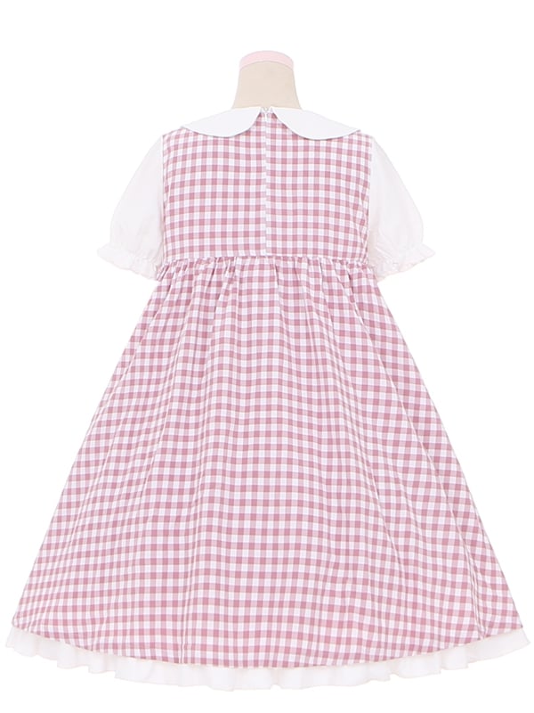 Pink Strawberry Peter Pan Collar Plaid Short Puff Sleeves Dress