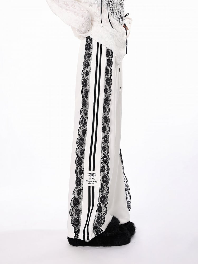 White/Black/Blue Wide-Leg Pants with Lace Trim and Bow Embroidery