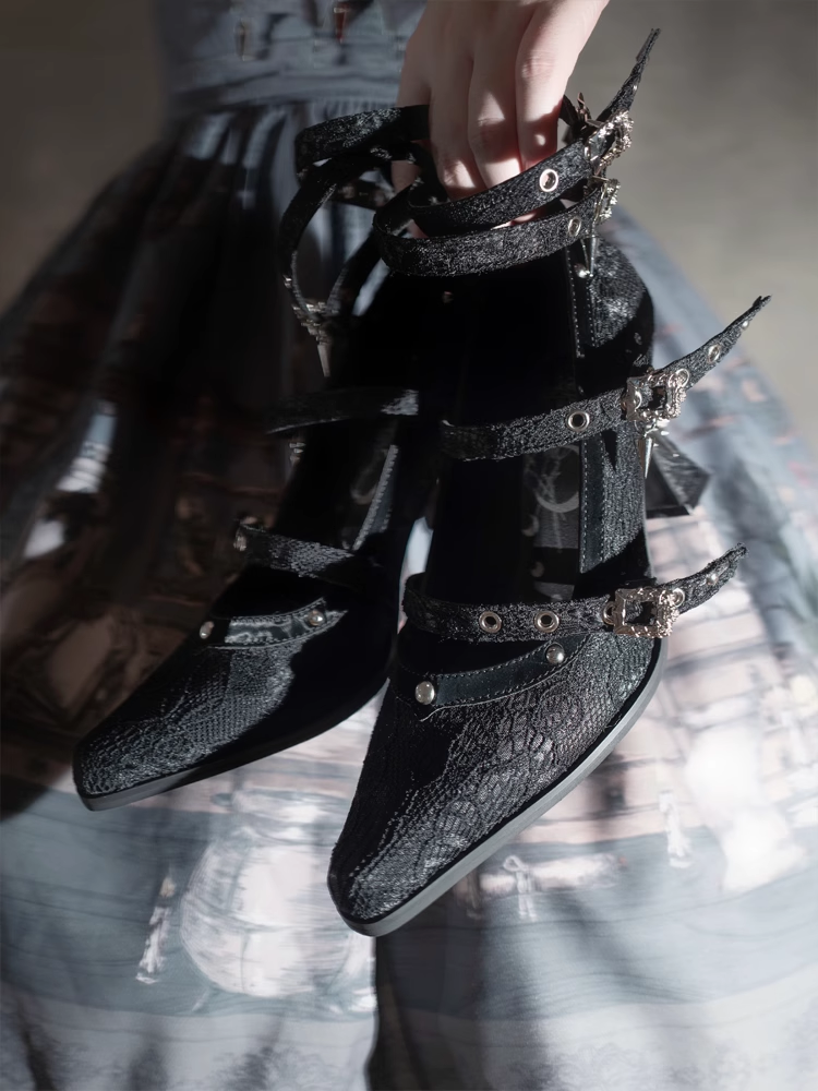 Gothic Black Pointed Toe Lace 8.5cm High Heels Multiple Buckle Straps