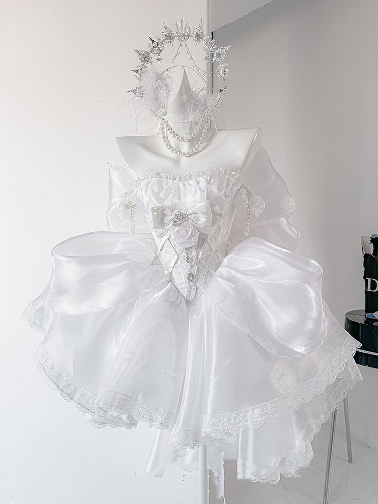 Rhinestones Balletcore Puffy Skirt White with Decorated Set Boned Corset Waist Strapless Top