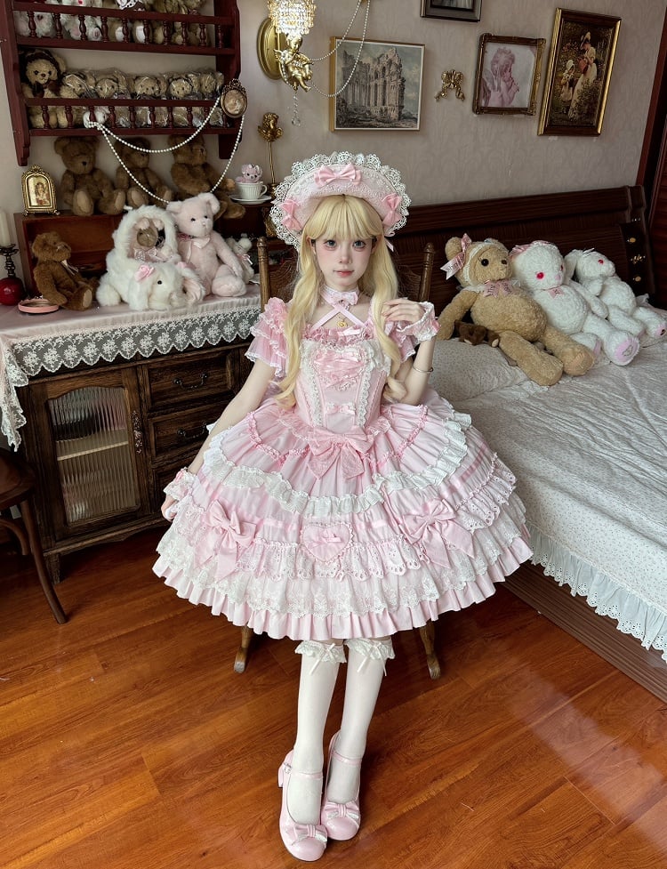 Rosa und weißes Old School Lolita-Kleid mit Schleifen und herzförmiger Dekoration, Prinzessinnen-Lolita-Pulloverrock