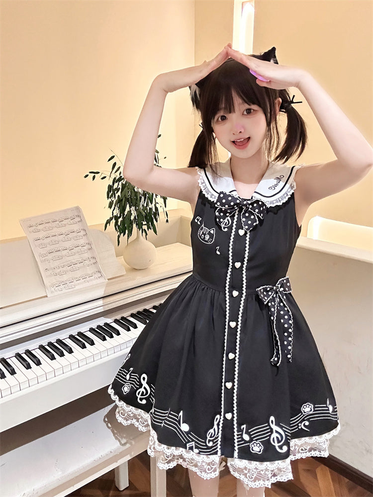 Design Sleeveless Melodic Kitty Black Sailor Collar Keyboard Dress Back