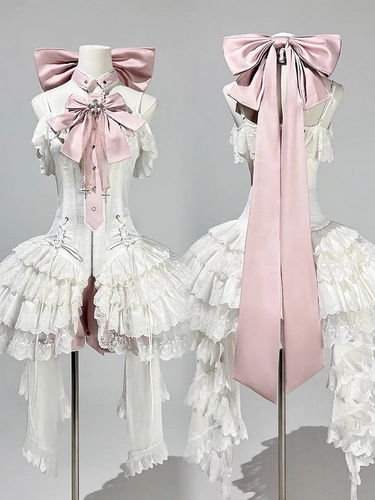 Straps Spaghetti JSK Lolita Pink Balletcore White Corset + Dress