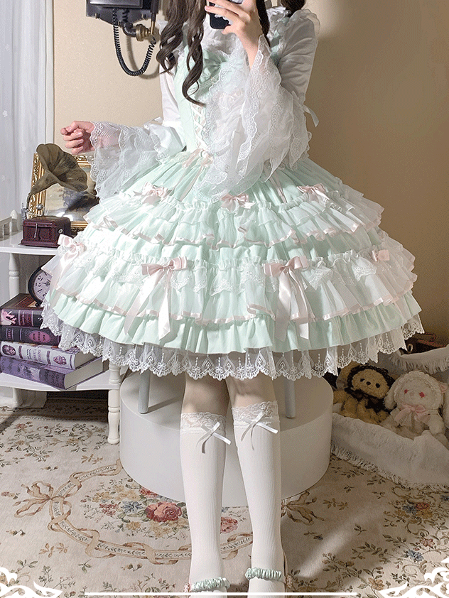 Lace-up Waist Lace Trim Sleeves Old School Lolita Cotton Green Mint Jumper Flutter Skirt Dress