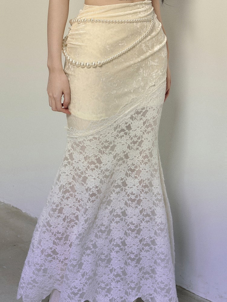 Aprikosenfarbener Meerjungfrauenrock mit hoher Taille und Patchwork-Spitze