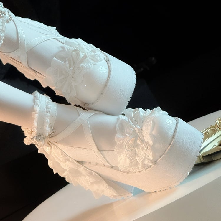 Leather High Gothic Detail PU Heels Block Bow Knotted with White
