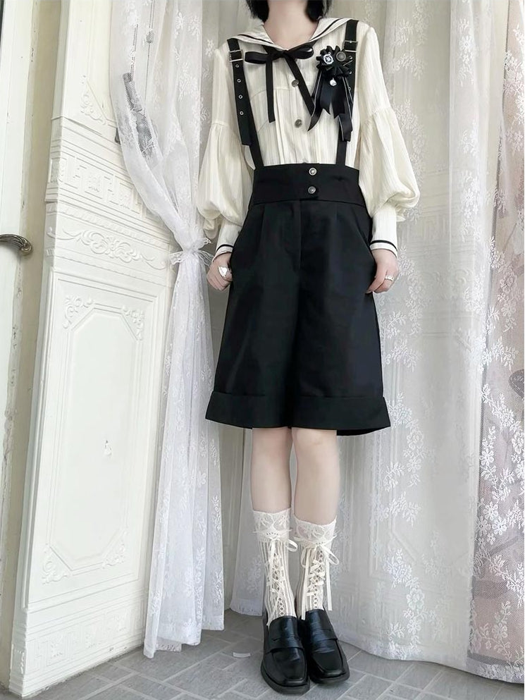 Ouji with Apricot Long Shorts Straight-leg Fashion Shoulder + Collar Lolita Outfit Straps Sailor Sleeves Shirt - Black