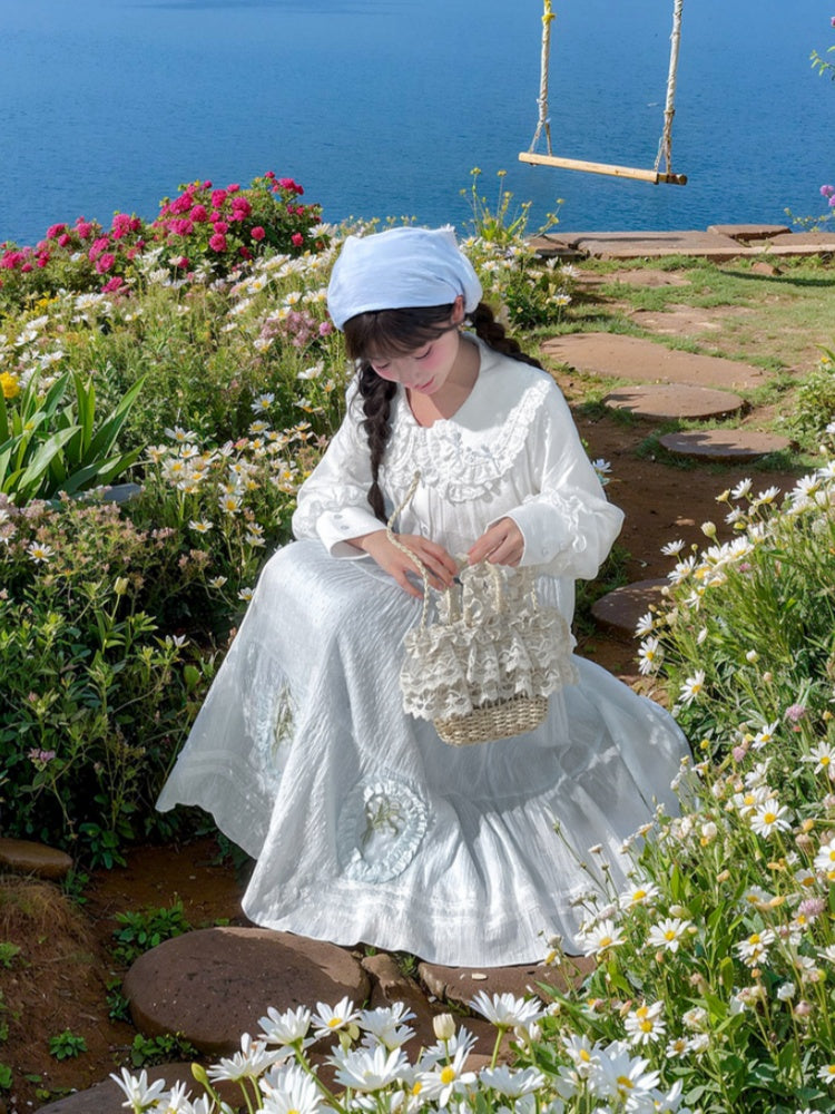 Skirt Light Blue Lily-of-the-Valley Embroidered Lace Trim Cutton