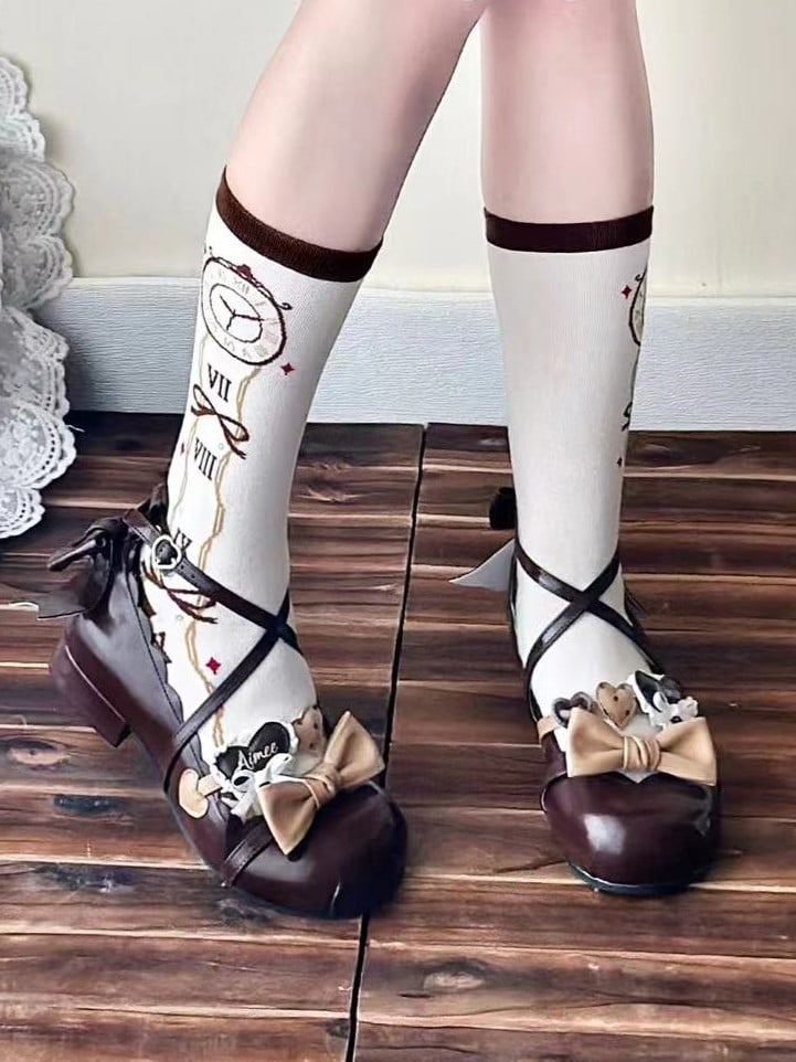 Wonderland Clock Socks Vibes Alice Lolita Calf In Print Brown