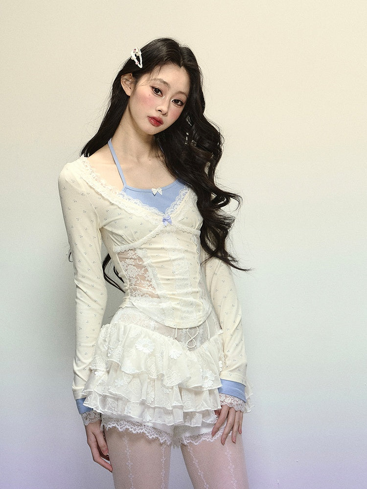 Apricot Halter Neck Lace Patches Waist Glamorous Top