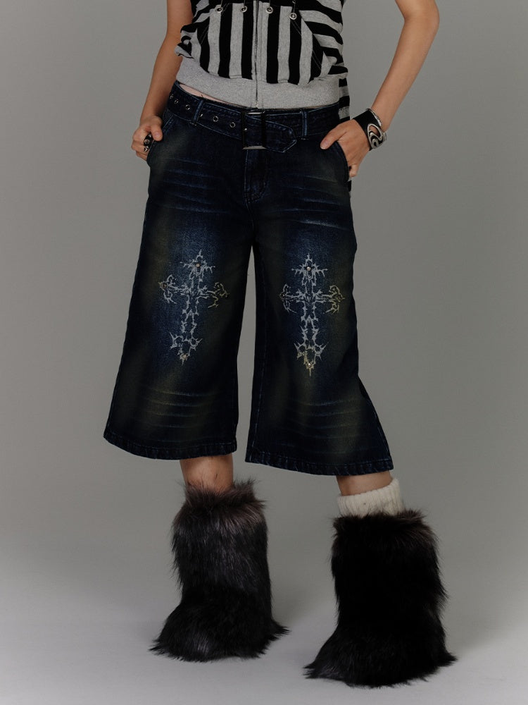 with Buckle Blue Print Faded Wash Glamorous Distressed Jeans Belt Cross