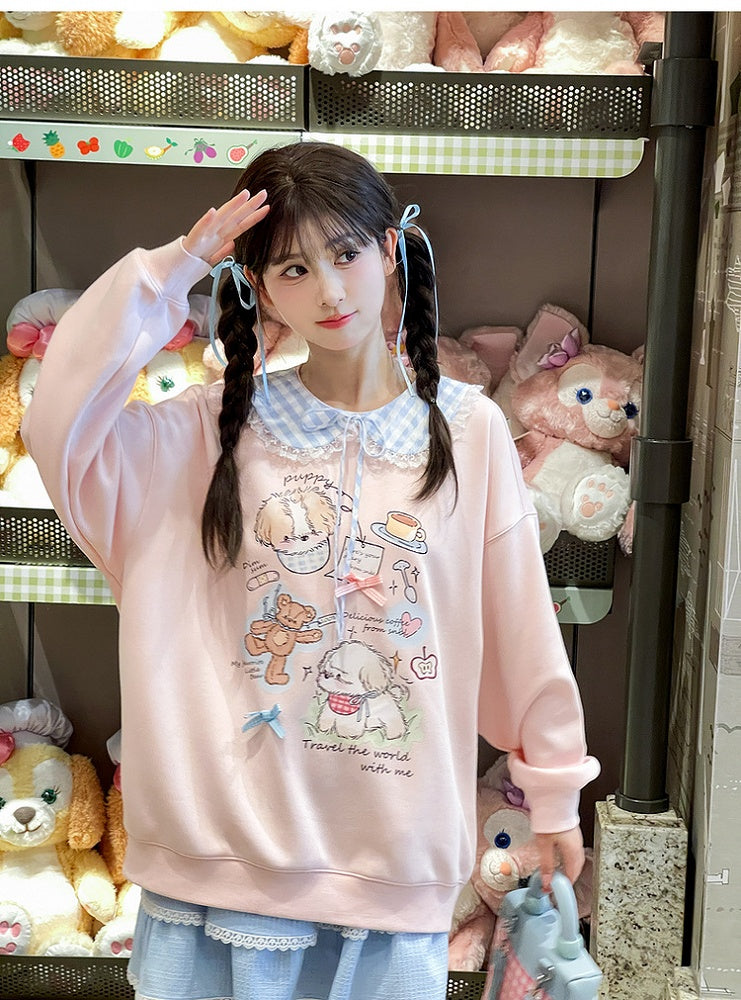 Adorable Cartoon Puppy Print Pink Round Loose Neck Sweatshirt