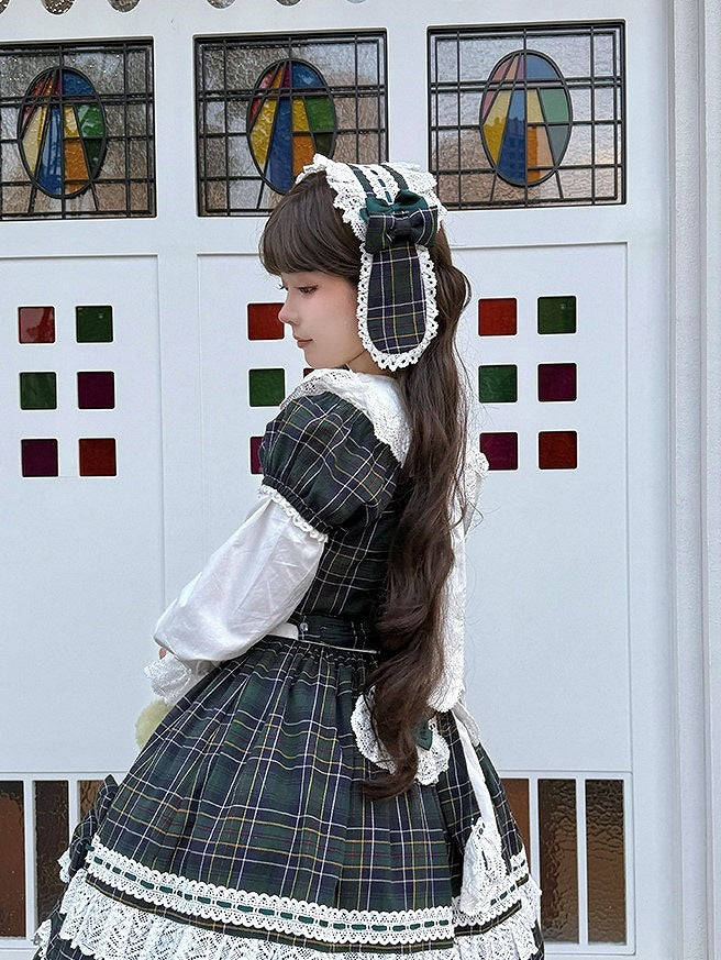Lolita Bow with Hairband Accents Bunny Ears Lace Plaid and Red/Green