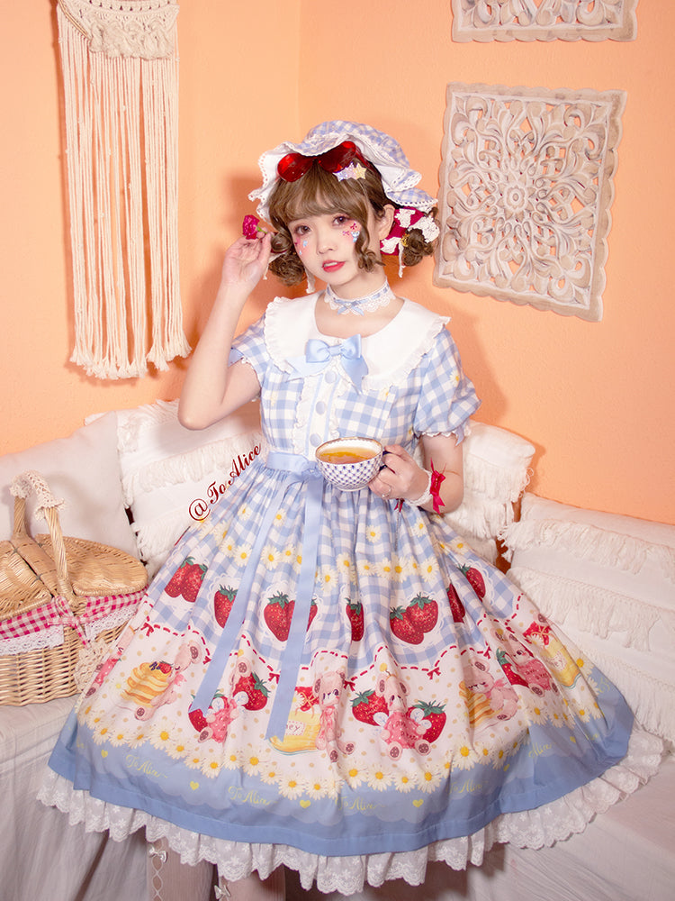 Light Blue/Wine Red Plaid Strawberry and Bear Print Cottagecore Country Dress Sweet Lolita OP