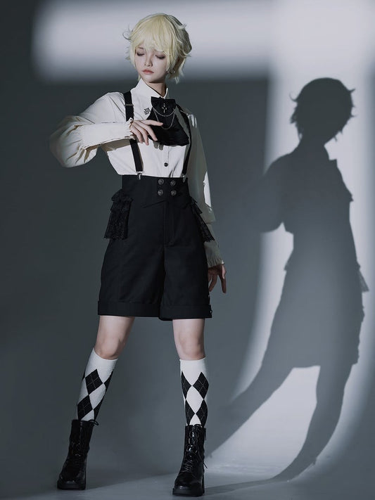 Shorts Shoulder Black Foldover Fashion Waist Straps with Ouji