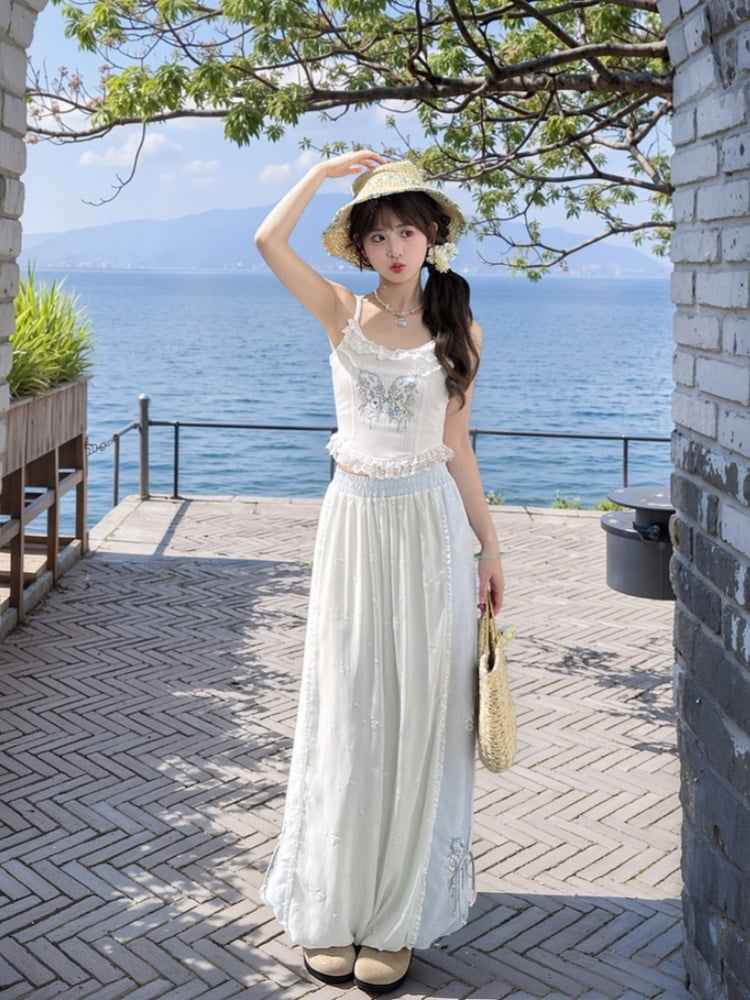 Version Cuffs Holiday Blue and White Colorblock Design Wide-Leg Pants Butterfly Embroidery Regular/Short