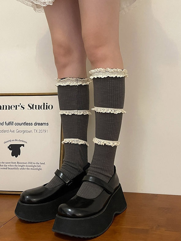 White/Dark Grey Sweet Ruffled Cuff Calf Socks