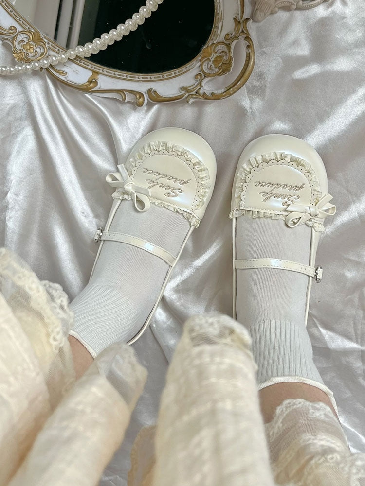Lolita im süßen Stil Jane Schuhe Mary Flat Beige Rüschen mit Besatz