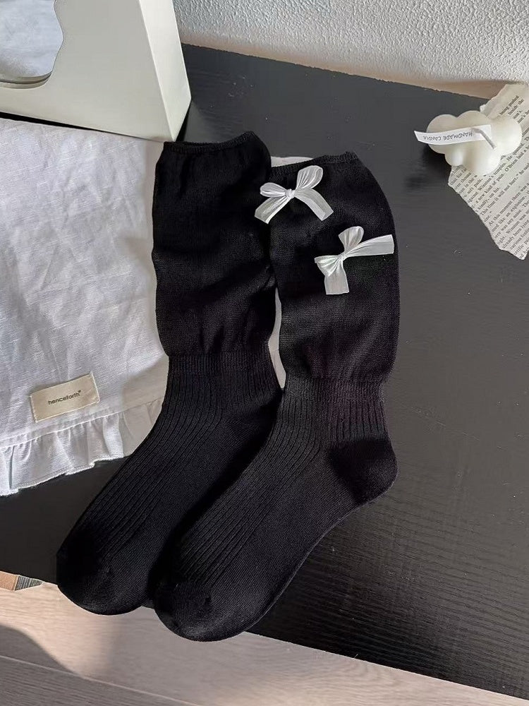 Details Bowknot Black/White/Beige/Gray Lolita Socks Calf