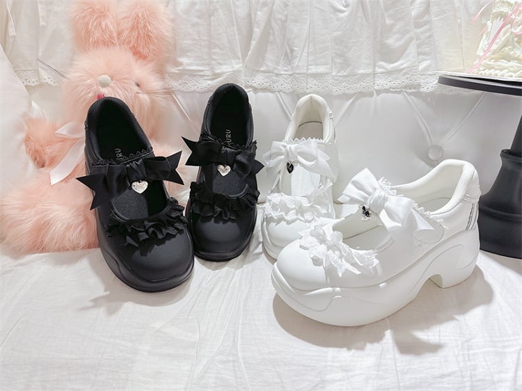 Black Bowknot Lace Strap Jirai Kei Velcro Trim Closures Platforms