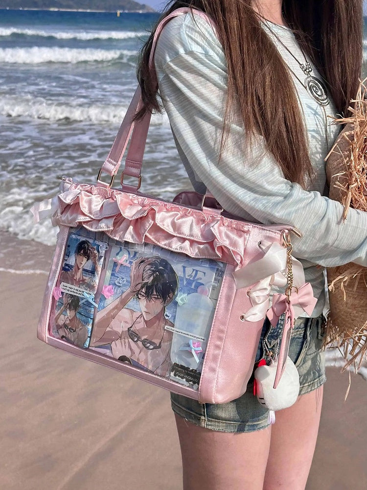 With Satin Ita Card Bag Holder Bow Pink Straps Trims Self-tie Ruffle