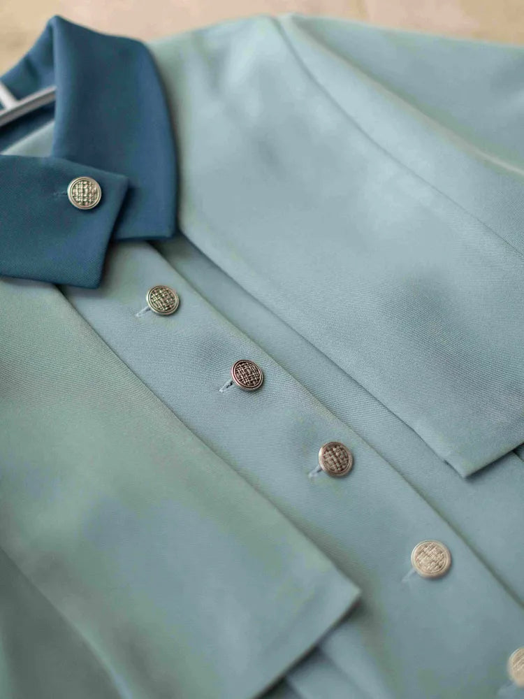 Placket Uniform Inspired Detachable Dusty Button Blue Dress Cape Front Beauxbatons Elegant with Vintage