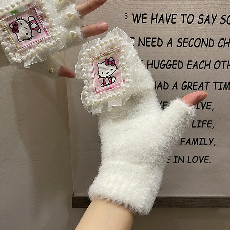 Black/White Cute Kitty Print Heart Beads Lace Details Plush Gloves