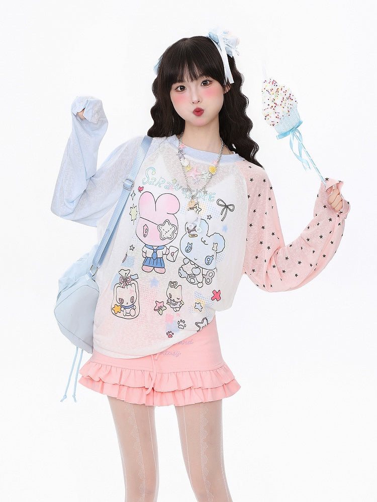 BlackWhite/PinkBlue Bunny Kitten Print Long Sleeve Top - Daily Kawaii Colorblock Design