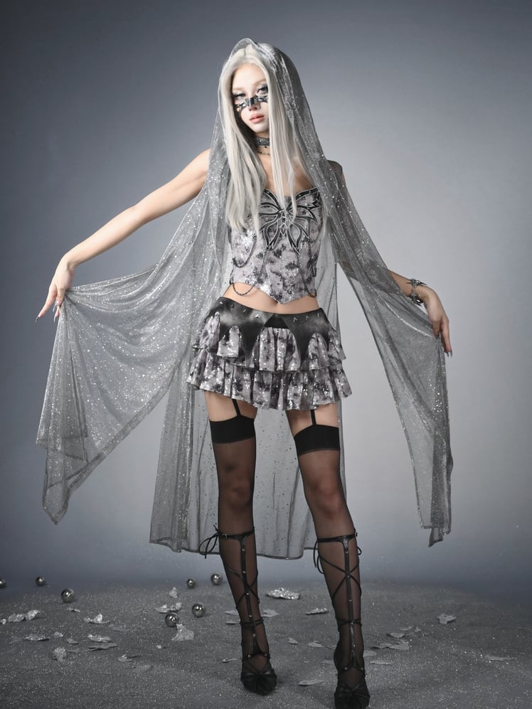 Fashion Waistband Skirt Low Y3K Waist Bat Wing Detail Sequins Tiered Cyberpunk Futuristic Silver Gray