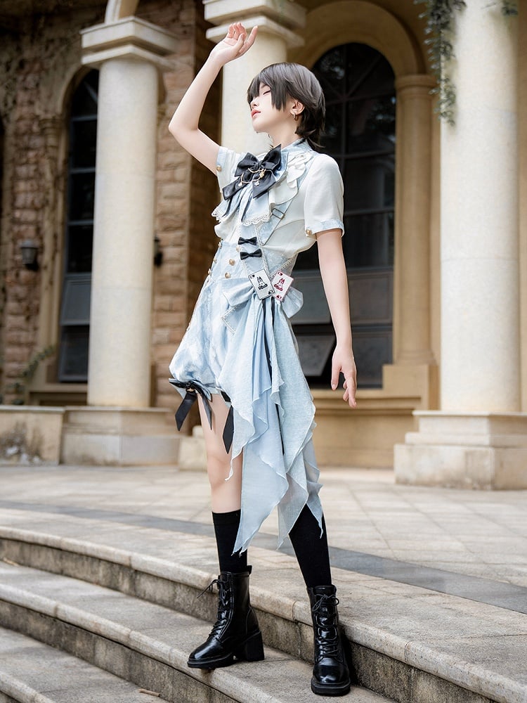 + Ouji Lolita Vibes Blue Alice in Shirt Outfit - White Wonderland