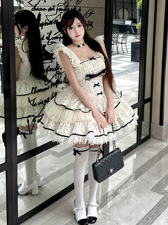 Dress Polka Sweet Tiered Dots Beige Skirt Waist Basque Black