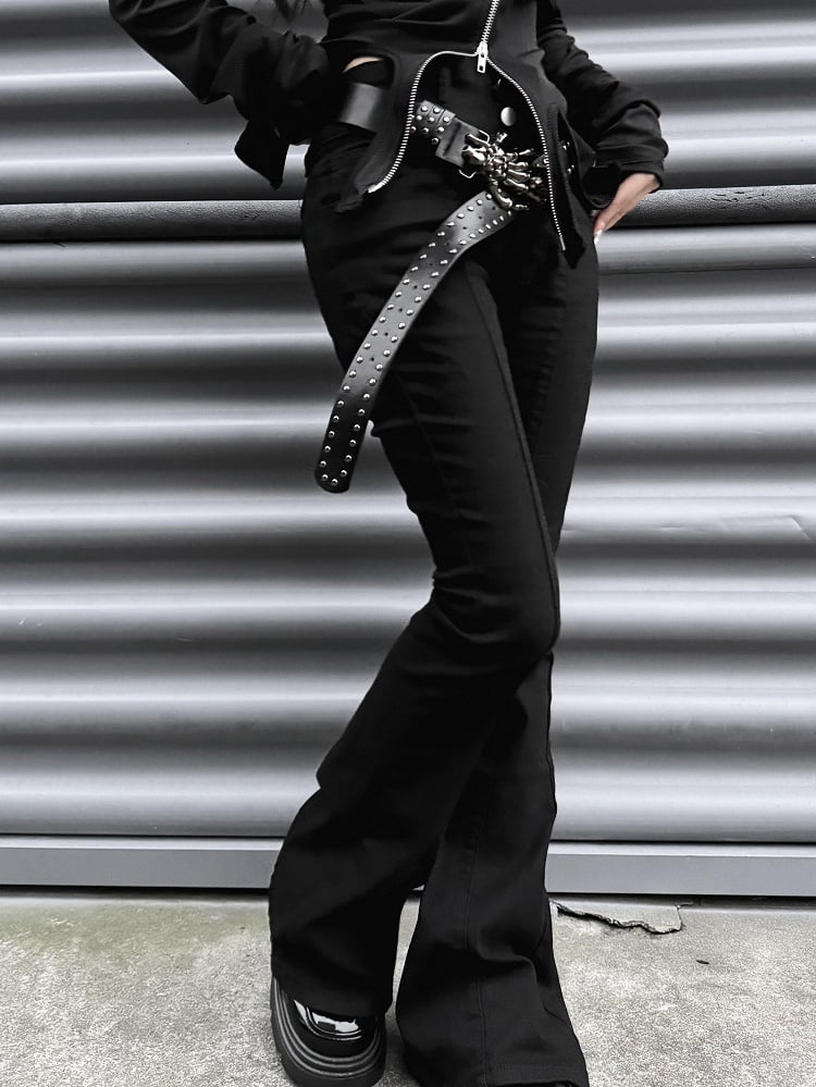Punk-schwarze Slim-Fit-Hose mit Fischschwanz und hoher Taille mit Gürtel mit Skeletthand-Schnalle