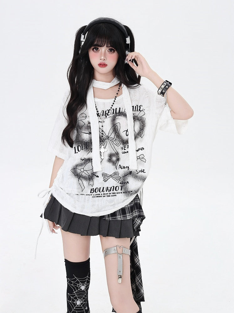Black/White Drawstring Side Bowknots Print T-Shirt with Free Scarf