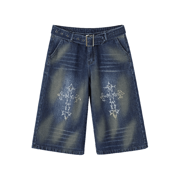 with Buckle Blue Print Faded Wash Glamorous Distressed Jeans Belt Cross