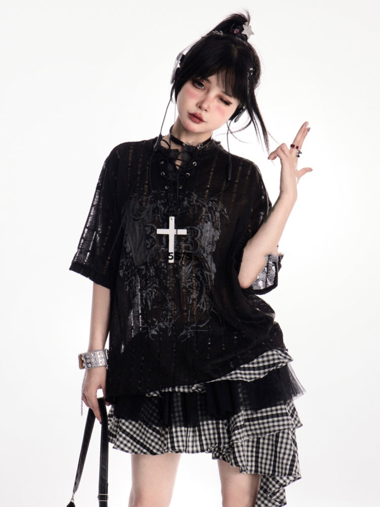 Y2K Holes Black/White Lace-up Mock Neck Distressed