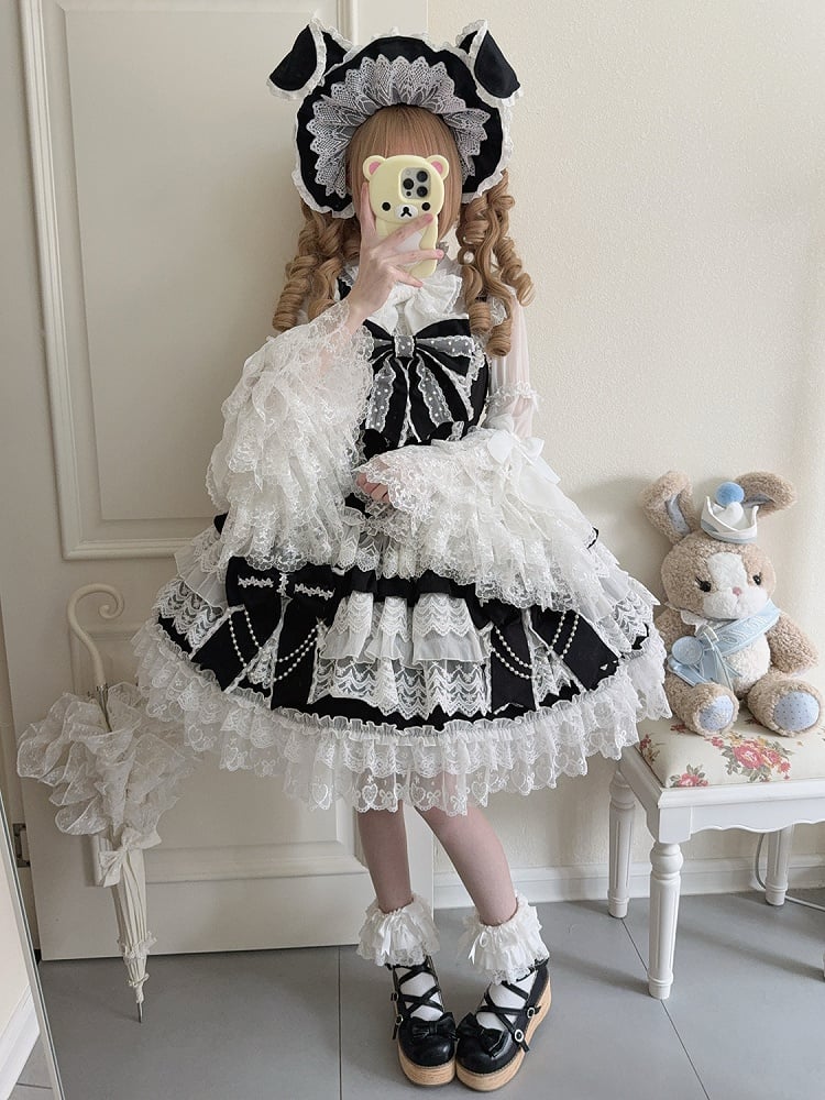 Black Lolita Dress Chain Hanayome Skirt Big Bead Bows Decoration Tiered