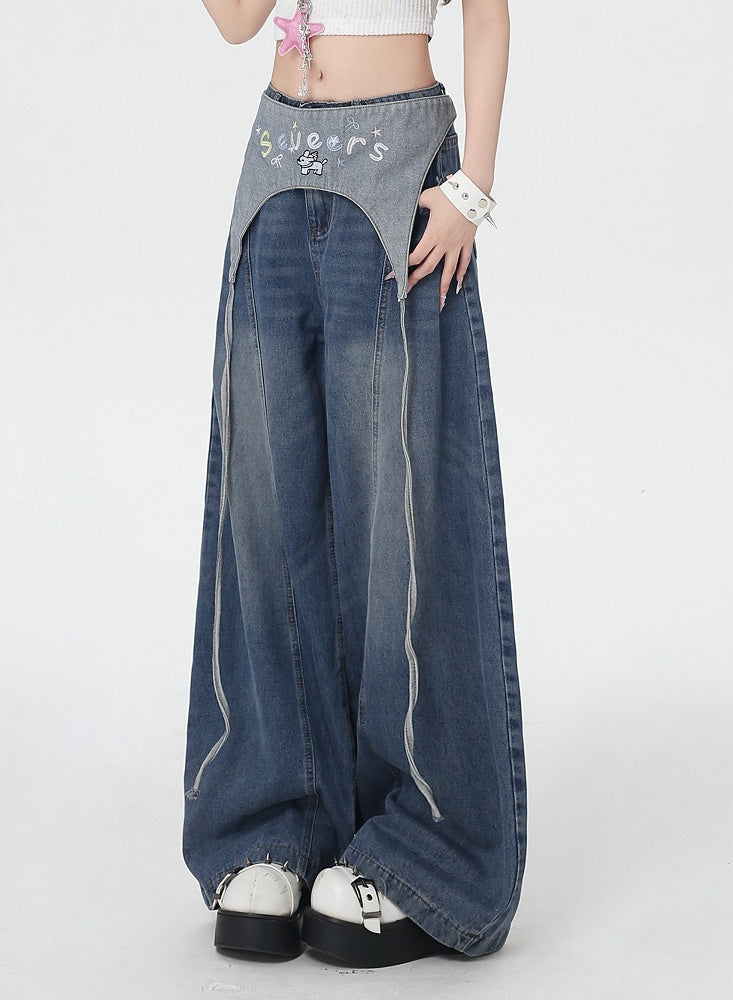 Blue Low Waist Wide-leg Jeans with Letter Embroidery