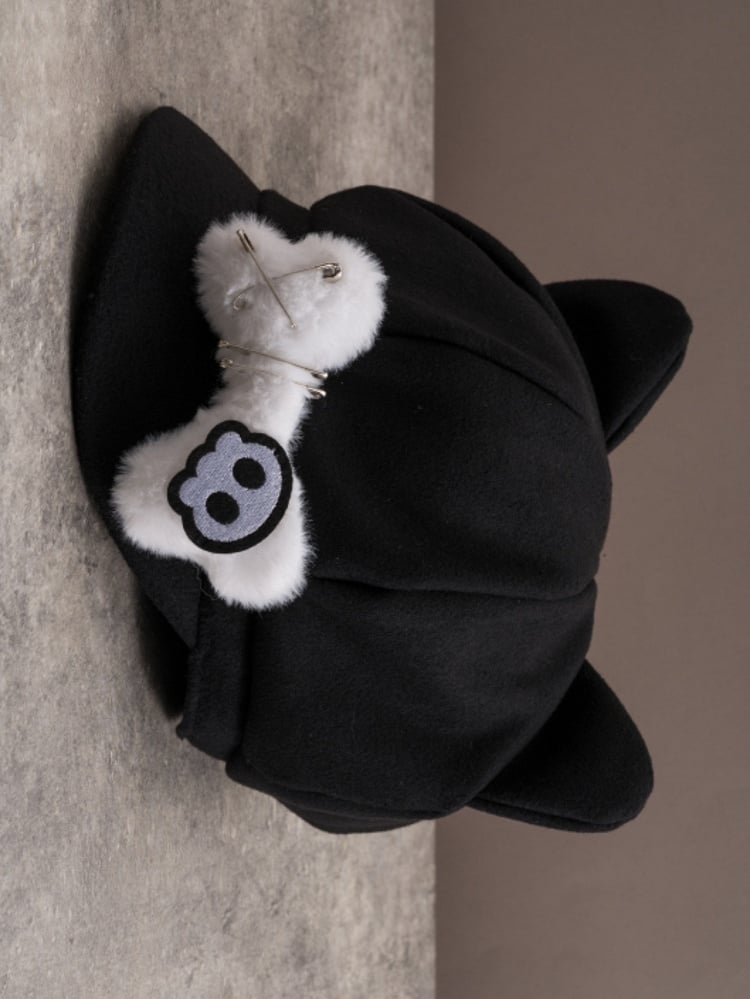 Applikation Baskenmütze Knochen Pin Katze Hut Plüsch Skelett Design verziert Ohr Gothic schwarz