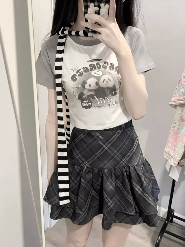 White Gray Cute Panda Print Cropped Top