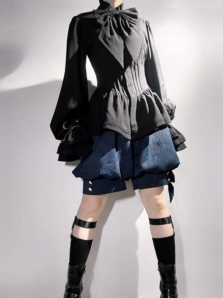 Schwarzes Lolita-Hemd mit Rüschen und Ausschnitt und Ouji-Ärmeln