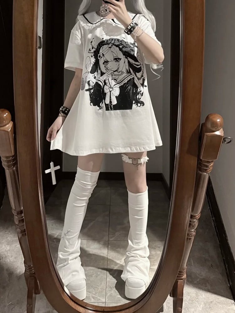 Pan Jirai Kei T-Shirt Weiß Anime Girl Print Peter Collar