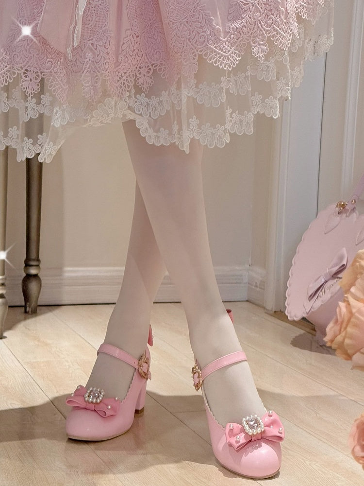 Schuhe Janes Bowknot Strass verziert und rund Mary Lolita Details Perlen Zehen rosa
