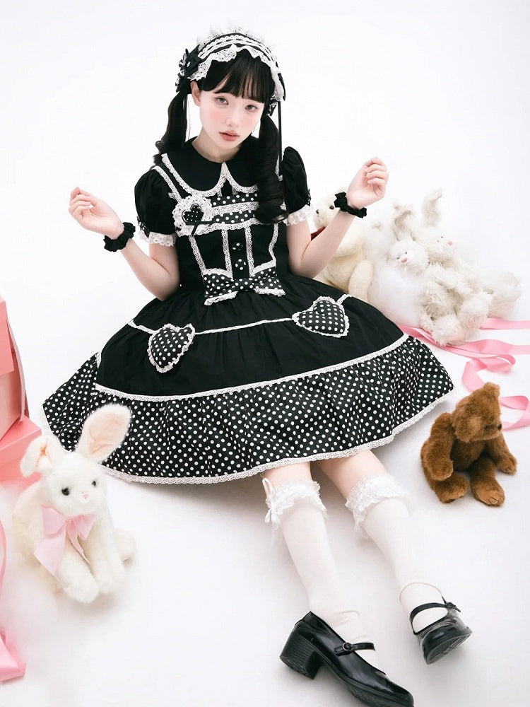 Dress School Polka Old Black Cotton White Dots Lolita