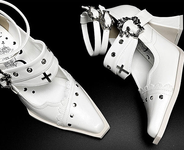Punk Pointed Toe High Block Heels in White Coffin Buckles and Metal Cross with Gothic 8.5cm