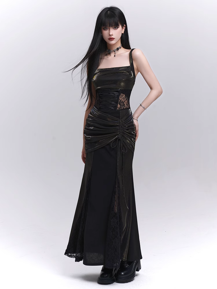 Waist Drawstring Black Lace Hip Sleeveless Dress Patches