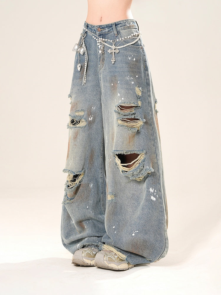 Wide-Leg Jeans Rise Distressed Holes Spray Blue Low Print Paint