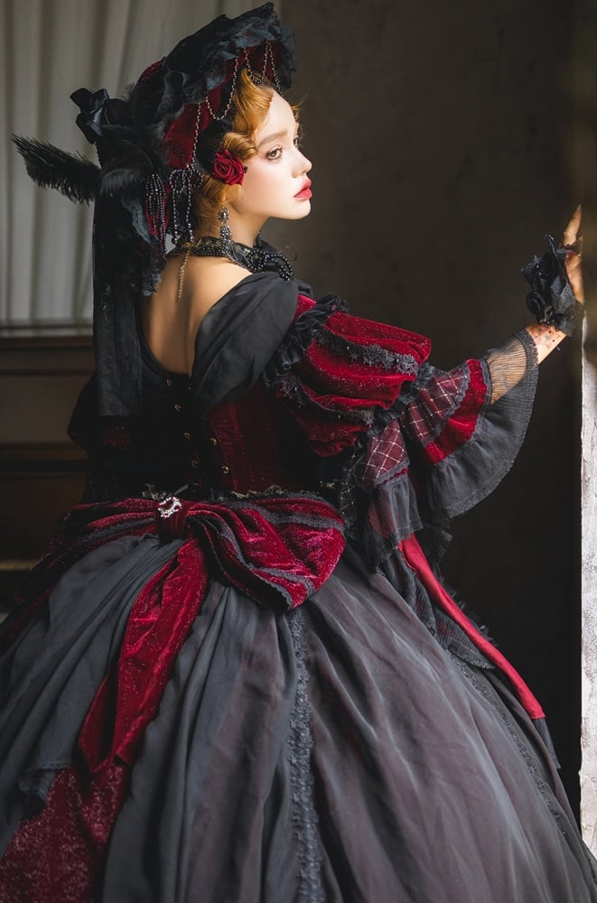 and Shimmering OP Full Set Gorgeous Black High-low Lolita Velvet Hanayome Red Dress