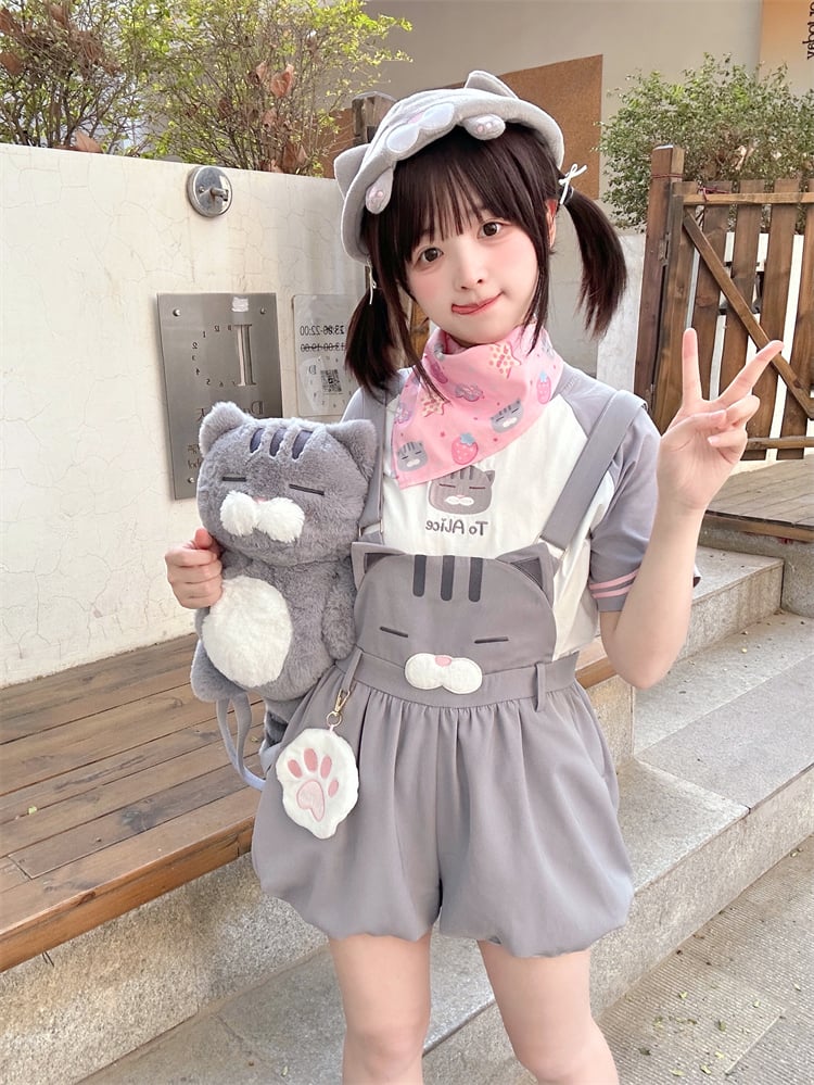 Print Pink Strawberry Cute Cat and Square Scarf