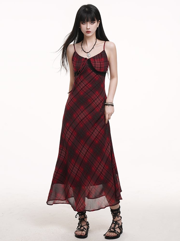 Self-tie Strap Neckline Cami Dress Red Black Plaid V-neck