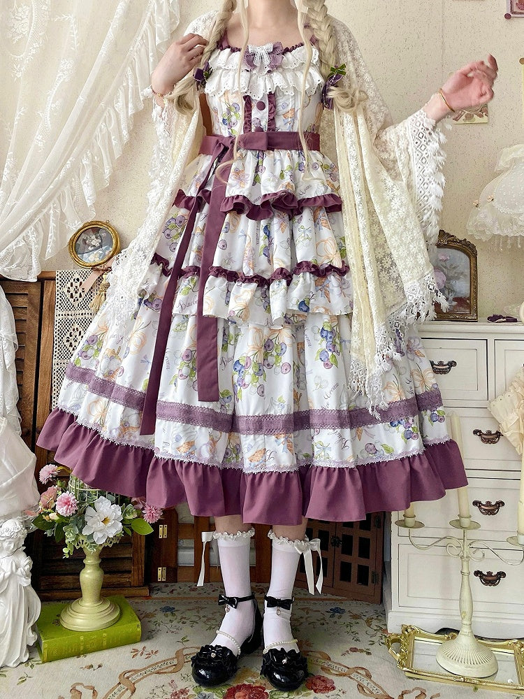Lolita Ruffle and Ice Cream Purple Skirt Tiered Blueberry Dress Print Trimming